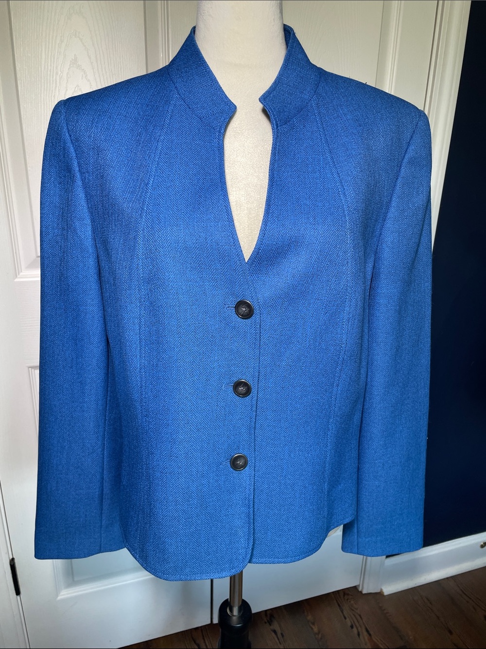Tahari ASL Vintage Split-Neck Blazer Blue Collarless Jacket Textured Size 16